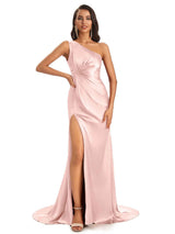 Blushing Pink Boho One Shoulder Satin Bridesmaid Dresses Twisted Waist