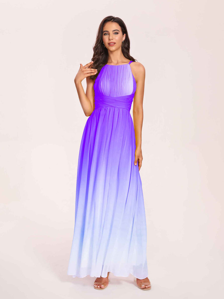 Halter Floral A-line Ombre Chiffon Long Bridesmaid Dresses Online - ChicSew Halter Floral A-line Ombre Chiffon Long Bridesmaid Dresses Online - ChicSew