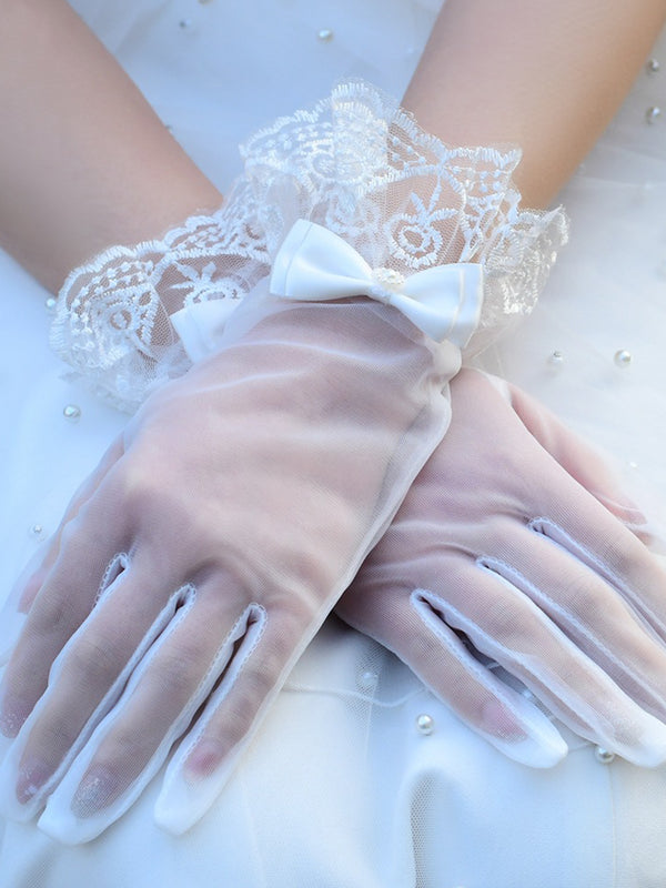 Elegant Versatile Lace Bow Short Bridal Gloves, VM07
