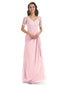 Elegant Lace Short Sleeves Chiffon V-Neck Floor-Length Mother Of The Bride Dresses In Stock