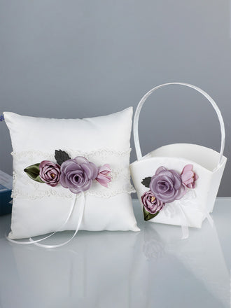 Purple Artificial Flower Lace Wedding Ring Pillow For Brides And Groom, JZH-5974