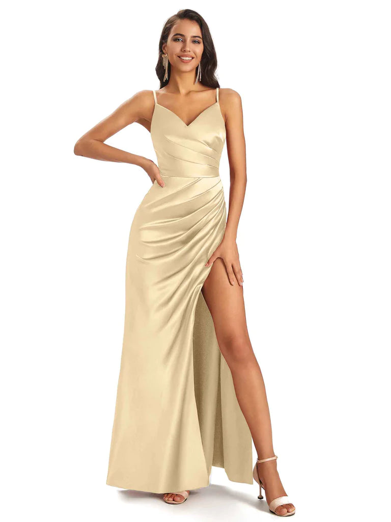 Sexy Soft Satin V-Neck Spaghetti Straps Side-Slit Floor-Length Bridesmaid Dresses In Stock
