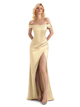 Sexy Soft Satin Side Slit Off The Shoulder Mermaid Long Bridesmaid Dresses Online In Stock