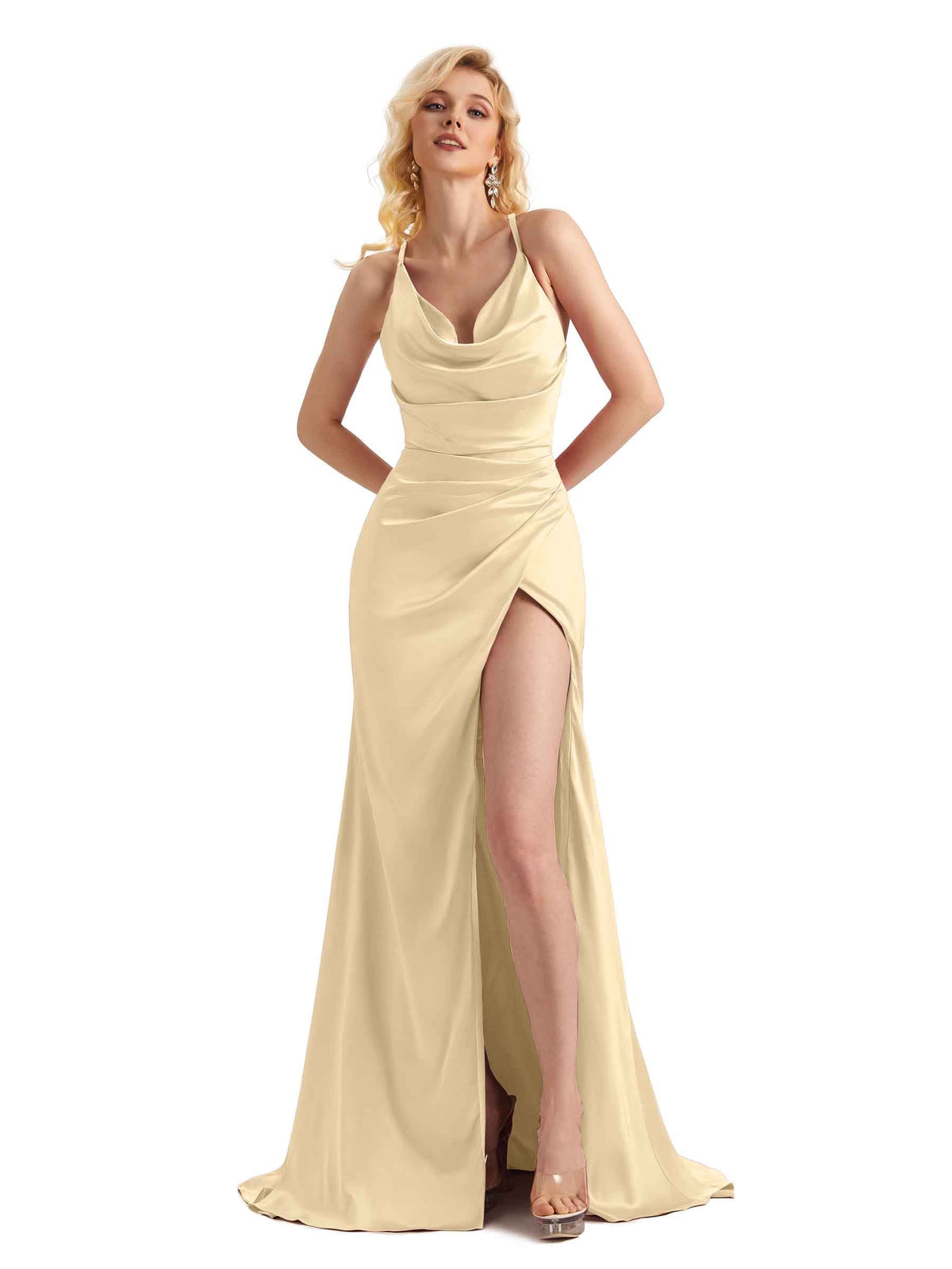 Cowl Neck Spring Criss Cross Satin Bridesmaid Dresses
