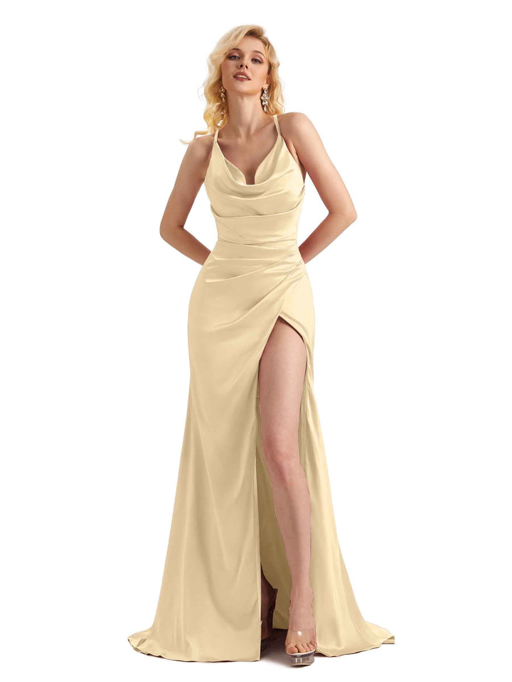 Cowl Neck Summer Criss Cross Satin Bridesmaid Dresses