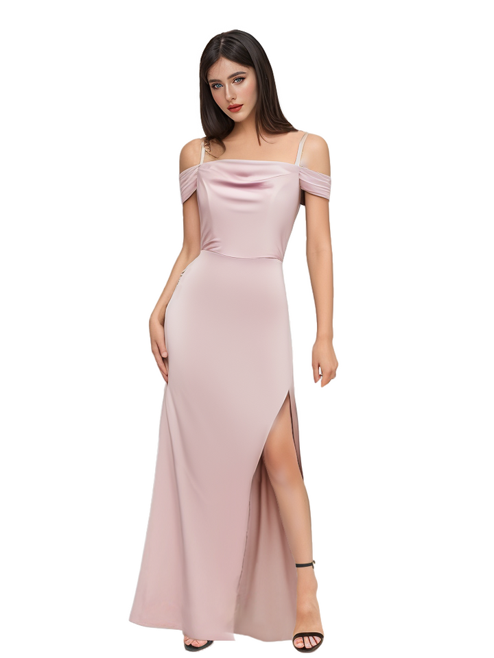 Sexy Side Split Cold Shoulder Chic Maxi Satin Bridesmaid Dresses Online