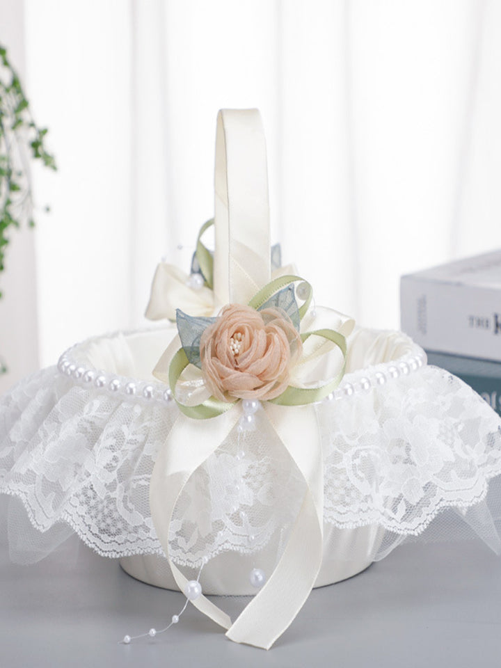 Pearl Bow Flower Decoration Lace Flower Basket Wedding Flower Portable Flower Basket, HL-5737