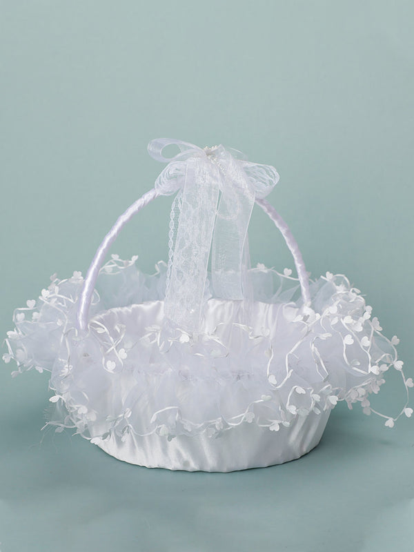 Lace White Bow Decoration Portable Flower Basket With Movable Handle, HL-5721