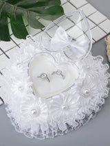 White Lace Heart Shape Wedding Ring Pillow Ring Boxes Bowknot Decoration, JZH-5949