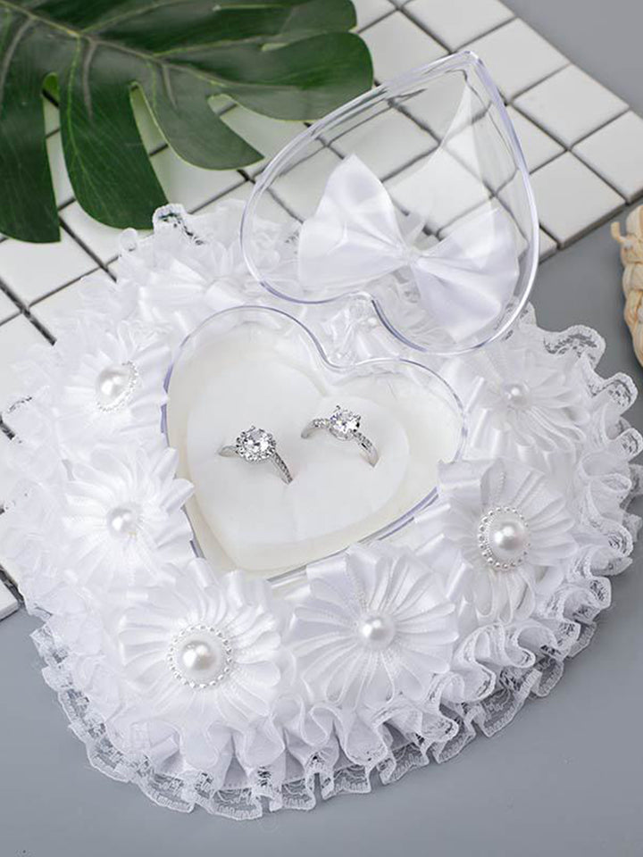 White Lace Heart Shape Wedding Ring Pillow Ring Boxes Bowknot Decoration, JZH-5949
