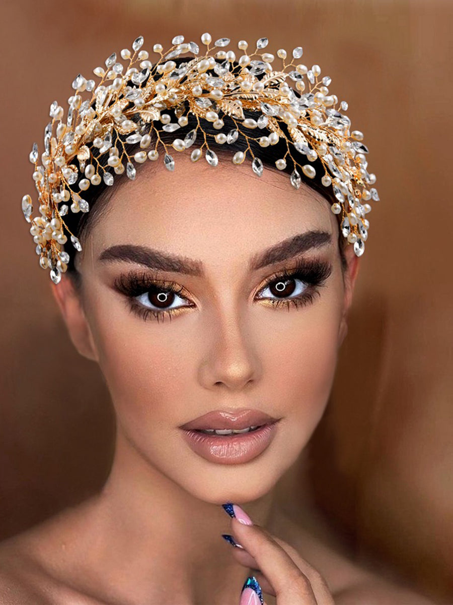 Elegant Handmade Wide Brimmed Rhinestone Pearl Leaf Headwear Accessories for Women, HP322