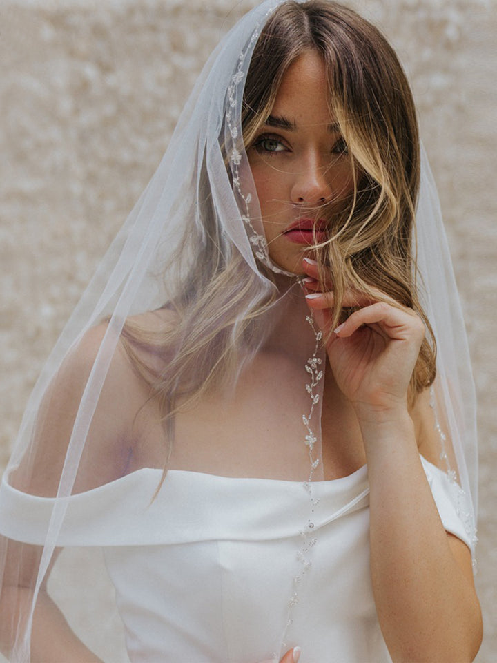Elegant Simple Handmade Floral Pearls Long Bridal Veil, V127