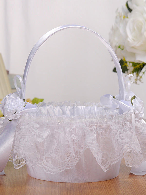 White Lace Flower Basket Creative Handmade Lace Wedding Flower Basket, HL-5629