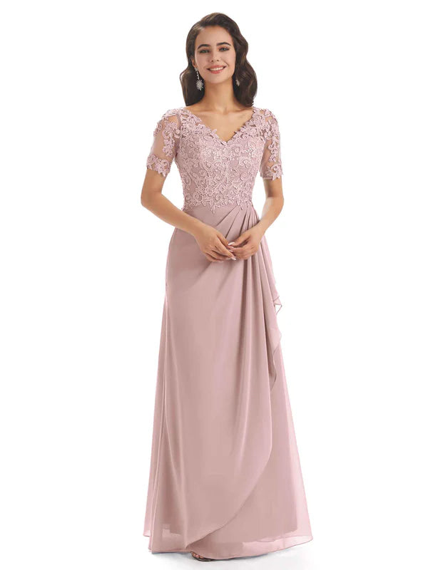 Elegant Lace Short Sleeves Chiffon V-Neck Floor-Length Mother Of The Bride Dresses In Stock