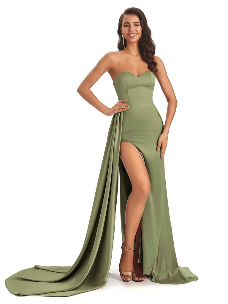 Sexy Soft Satin Sweetheart Long Mermaid Prom Dresses With Slit In Stock