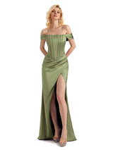Sexy Soft Satin Side Slit Off The Shoulder Mermaid Long Bridesmaid Dresses Online In Stock