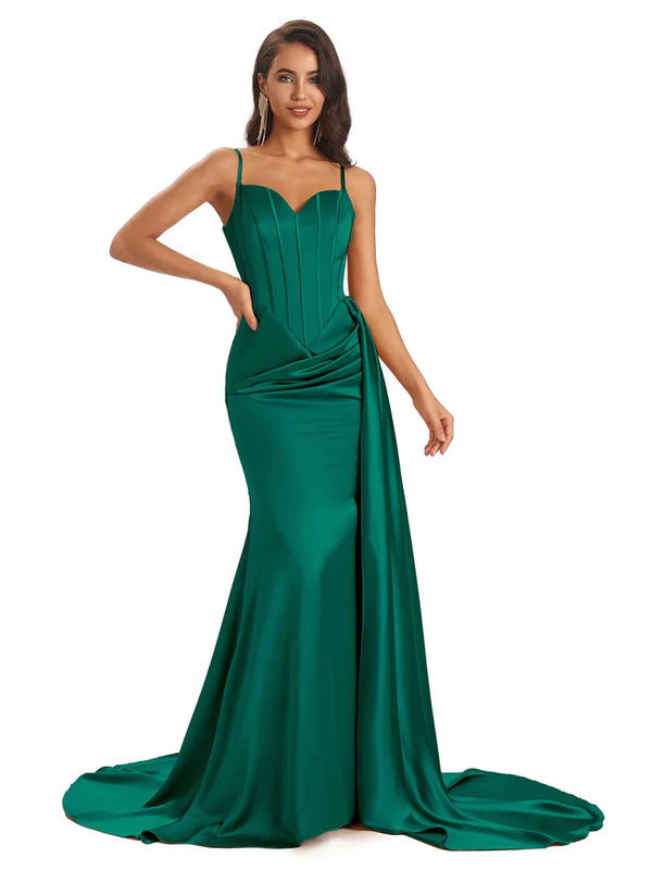 Sexy Soft Satin Side Slit Mermaid Long Spaghetti Straps Floor-Length Long Bridesmaid Dresses Online In Stock