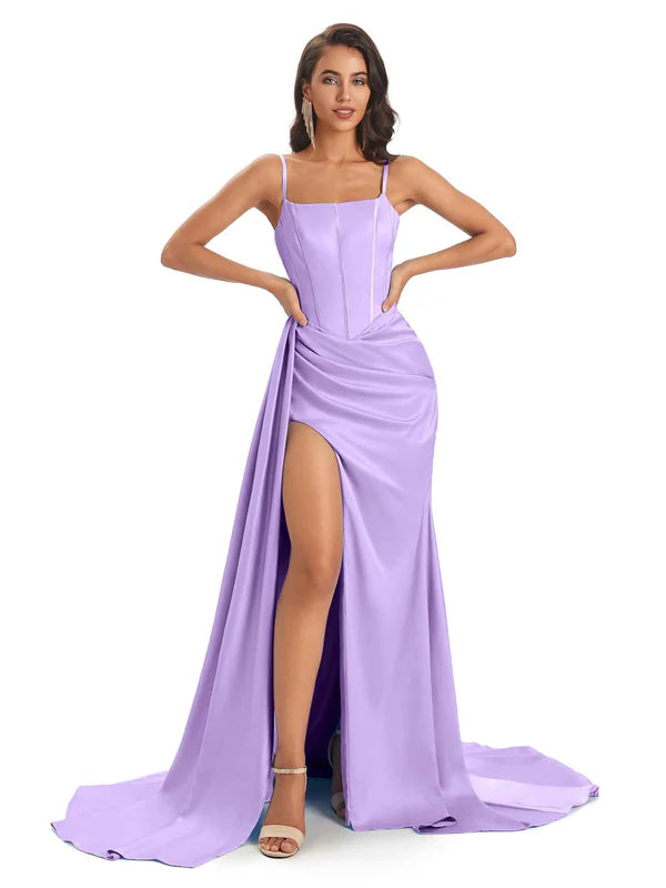 Sexy Soft Satin Side Slit Spaghetti Straps Floor-Length Mermaid Modern Bridesmaid Dresses In Stock