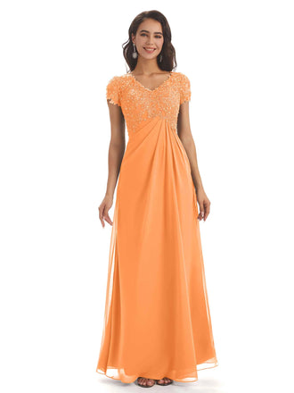 Elegant Short Sleeves Beaded Pleats A-line Floor-Length Mother of The Bride Dresses In Stock
