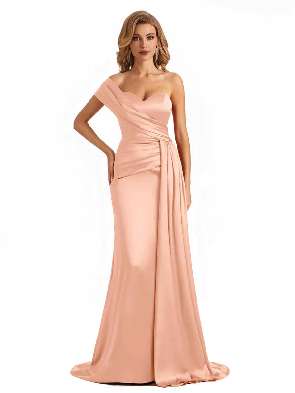 Elegant One Shoulder Soft Satin Long Mermaid Bridesmaid Dresses Online In Stock