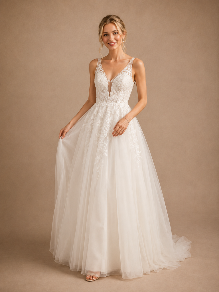 ChicSew Elegant Fancy Deep V-Neck A-Line Lace Tulle Maxi Long Wedding Dress