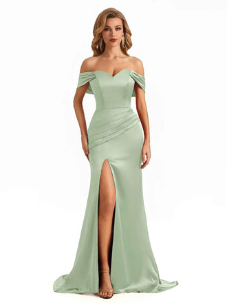 Sexy Side Slit Mermaid Off Shoulder V-neck Maxi Soft Satin Long Bridesmaid Dresses In Stock