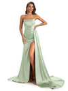 Sexy Soft Satin Side Slit Spaghetti Straps Floor-Length Mermaid Bridesmaid Dresses In Stock