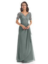 Elegant Lace Short Sleeves Chiffon V-Neck Floor-Length Mother Of The Bride Dresses In Stock
