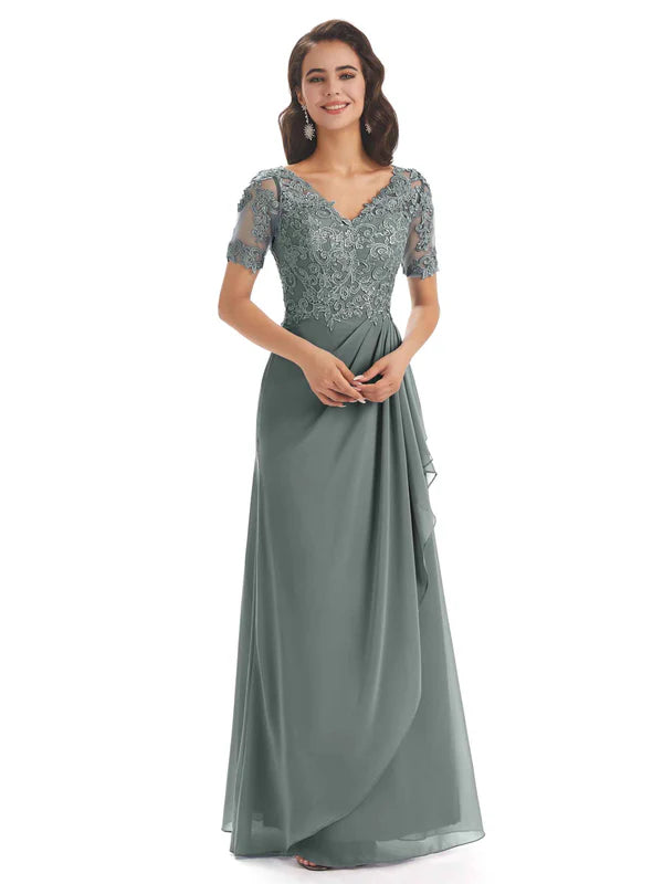 Elegant Lace Short Sleeves Chiffon V-Neck Floor-Length Mother Of The Bride Dresses In Stock