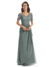 Elegant Lace Short Sleeves Chiffon V-Neck Floor-Length Mother Of The Bride Dresses In Stock