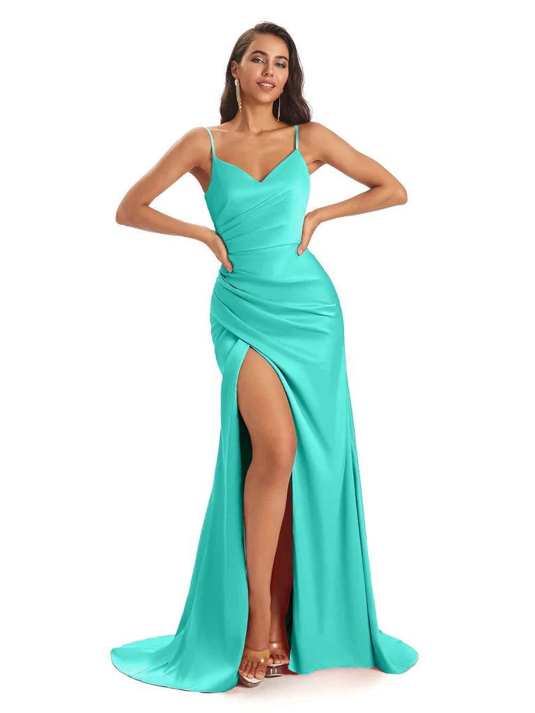 Sexy Spaghetti Straps Mermaid Soft Satin Side Slit Floor-Length Bridesmaid Dresses In Stock