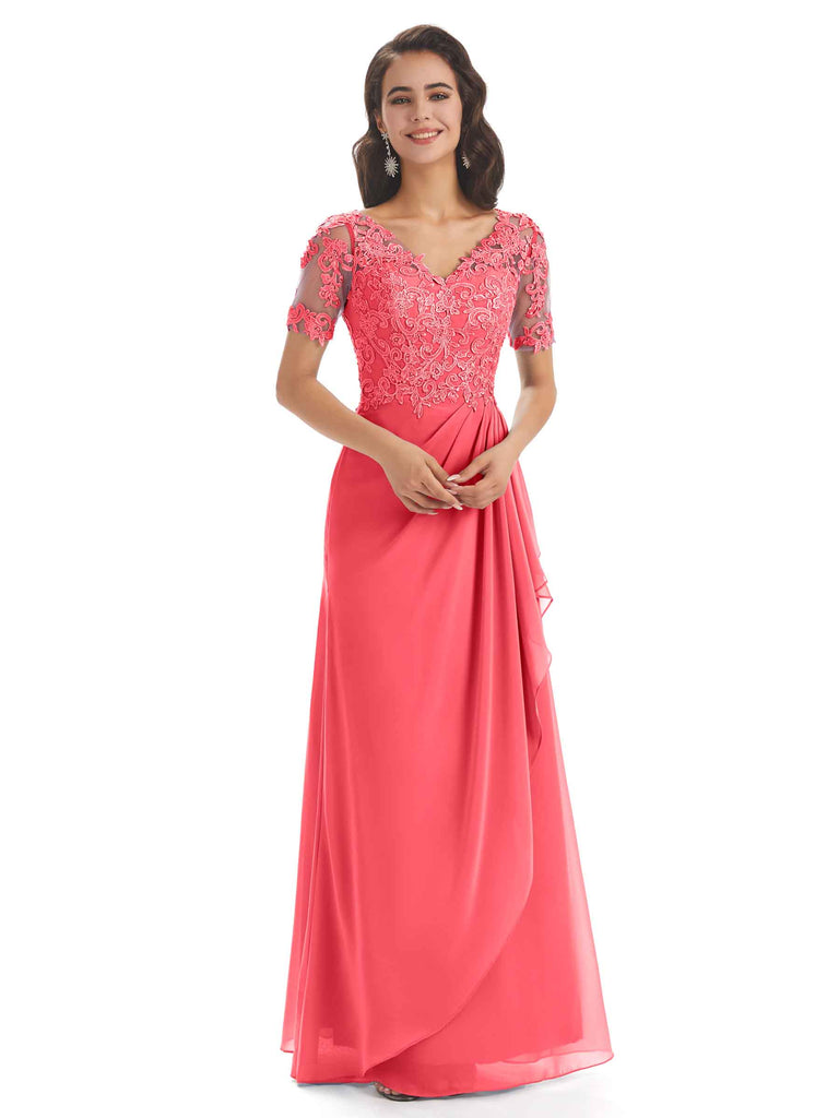 Elegant Lace Short Sleeves Chiffon V-neck Floor-length Mother of The Bride Dresses
