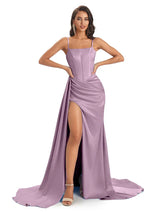 Sexy Soft Satin Side Slit Spaghetti Straps Floor-Length Mermaid Modern Bridesmaid Dresses In Stock
