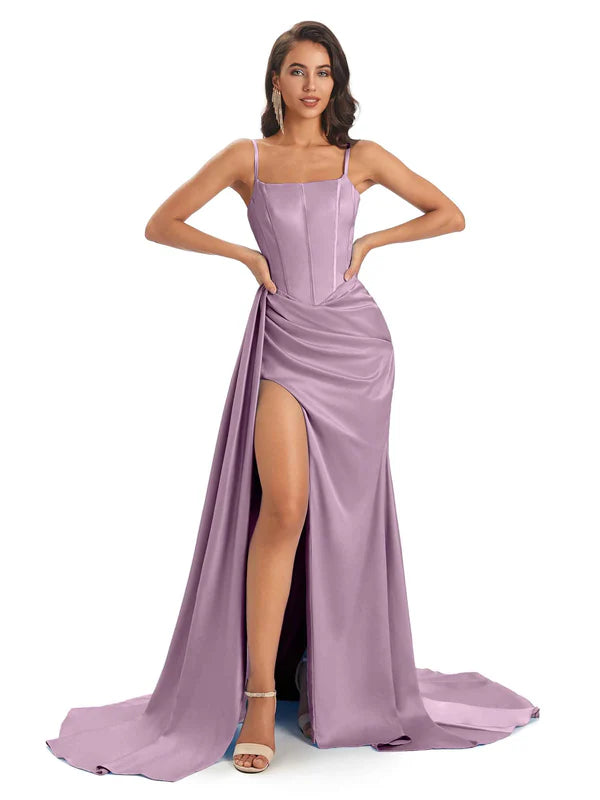 Sexy Soft Satin Side Slit Spaghetti Straps Floor-Length Mermaid Modern Bridesmaid Dresses In Stock