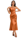 Sexy Soft Satin One Shoulder Tea-Length Midi Mermaid Bridesmaid Dresses In Stock