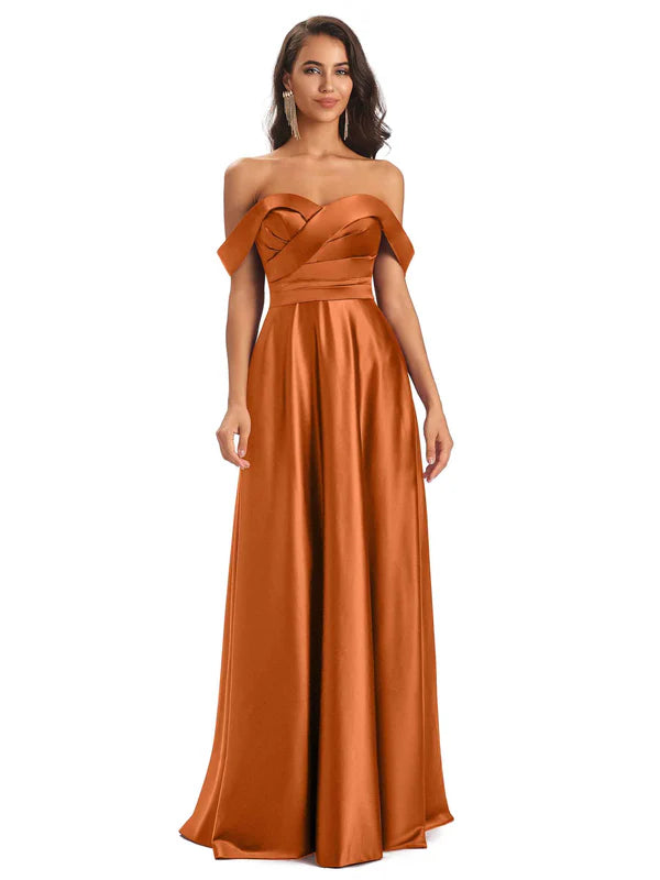 Sexy Soft Satin Off The Shoulder A-Line Long Bridesmaid Dresses Online In Stock
