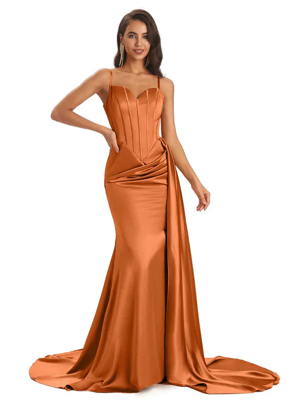Sexy Mermaid Long Spaghetti Straps Elegant Satin Bridesmaid Dress in stock