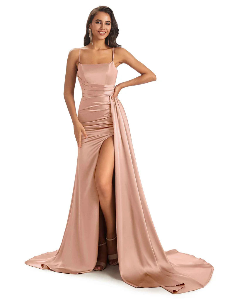 Sexy Soft Satin Side Slit Spaghetti Straps Floor-Length Mermaid Bridesmaid Dresses In Stock