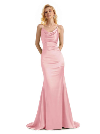 Elegant Soft Satin Cowl Neck Criss Cross Long Mermaid Evening Prom Dresses Online In Stock