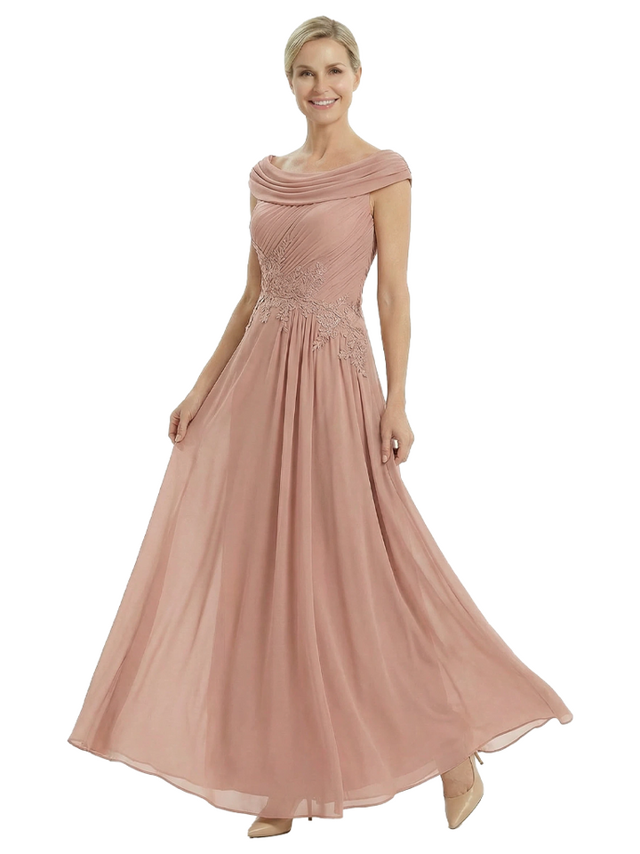 Mother of The Groom Dress Cowl Lace Chiffon A-Line Delicate Timeless Formal Occasion Outfit
