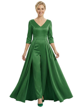 Chicsew Mother of The Groom Jumpsuit Stylish V-Neck 3/4 Sleeve Satin Wide Leg Long Gown Overlay Fancy Look