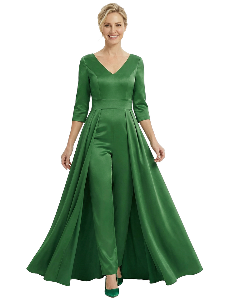 Chicsew Mother of The Groom Jumpsuit Stylish V-Neck 3/4 Sleeve Satin Wide Leg Long Gown Overlay Fancy Look