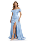 Mother of The Bride Gown Off Shoulder Sleeveless Satin Long Ruched Slit Stylish Modern Formal Evening Dress
