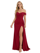 ChicSew Sexy Off Shoulder Ruched Mermaid Crepe Side Slit Evening Prom Dresses