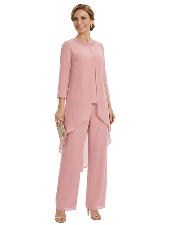 Stylish 3/4 Sleeve Mother of The Bride Two-Piece Set Fancy Chiffon Pantsuit with Beaded Neckline Detail