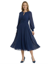 Mother of The Groom Dress Keyhole Neck Long Sleeve Chiffon Tea-Length A-Line Gown