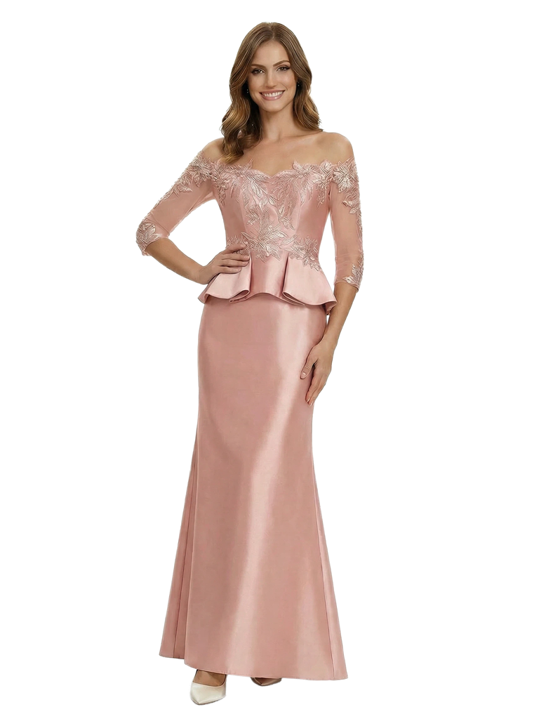Chic Off Shoulder 3/4 Sleeves Mother Of The Bride Dress Maxi Mermaid Satin Gown with Lace Applique