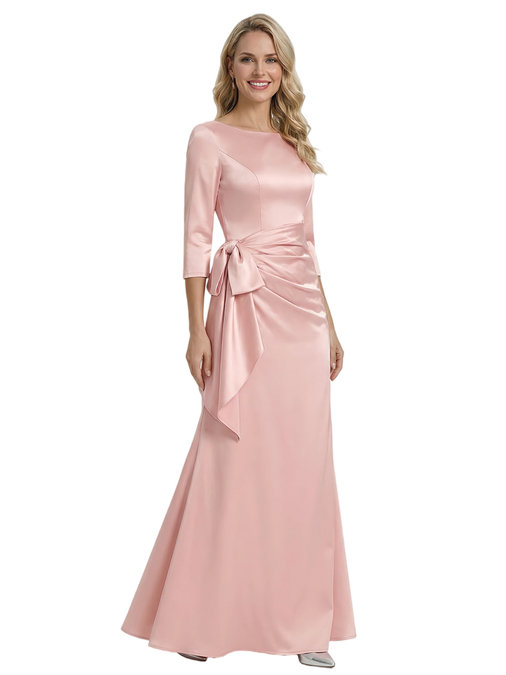 Mother of The Groom Dress Jewel Long Sleeves Bow Ruched Satin Mermaid Gown Classy Modern Formal Bride Mother Attire