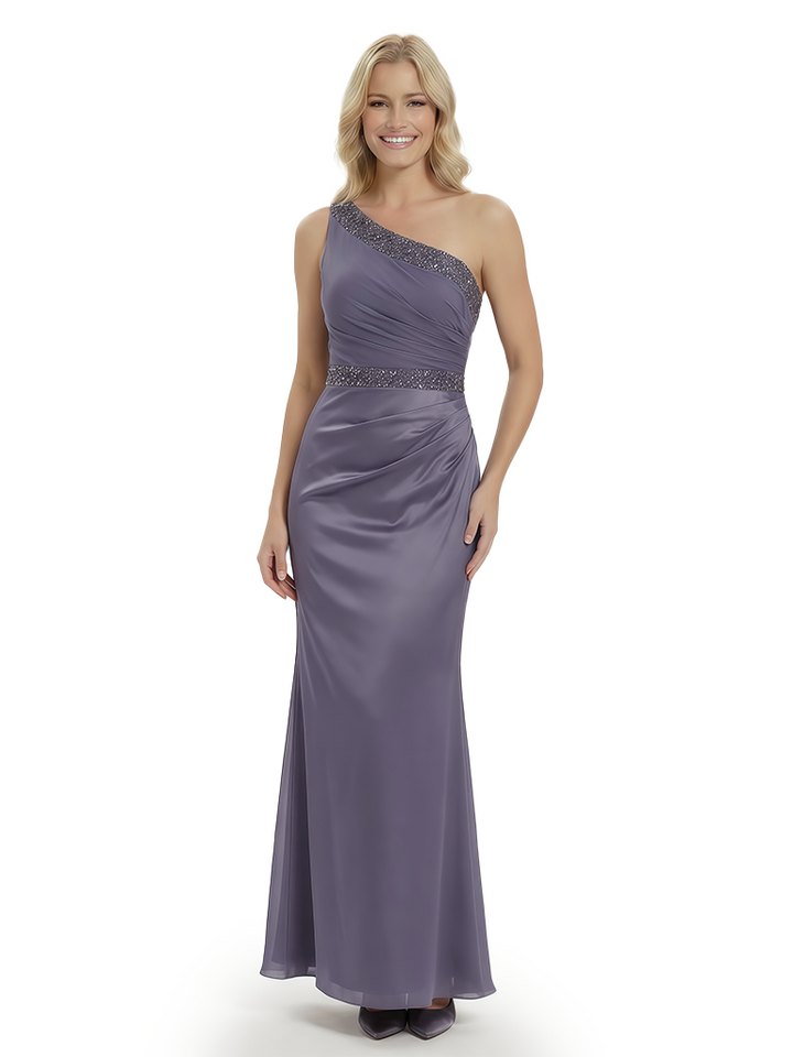 Fancy Mother of The Groom Dress Beautiful One Shoulder Beaded Satin Ruched Long Sheath Gown