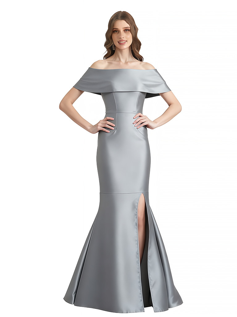 Sexy Off Shoulder Silky Satin Side Slit Mermaid Long Formal Evening Dresses For Women